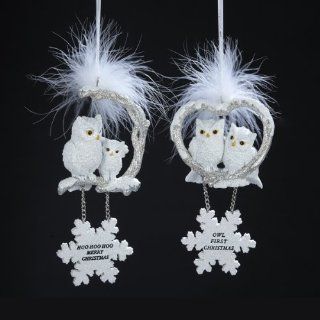 White Owls With Snowflake Dangle And Saying Ornament Set Of 2   Decorative Hanging Ornaments