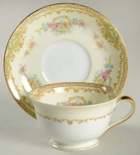 Noritake Bellodgia Footed Cup & Saucer Set, Fine China Dinnerware   Green Band,T