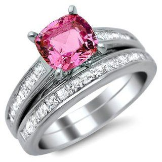 2.02ct Pink Sapphire Cushion Diamond Engagement Ring Bridal Set 14k White Gold Jewelry