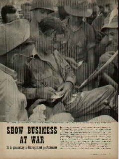 SHOW BUSINESS AT WAR, It is presenting a distinguished performance. Pictured are Joe E. Brown on Kokumbona, Carole Lombard, Robert Benchley, Loretta Young, Rita Hayworth, Marlene Dietrich, Carole Landis, Irving Berlin, Hedy Lamarr, Kay Kyser, Billy Rose br