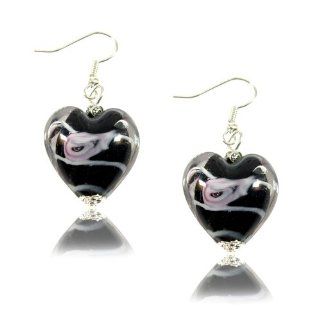 MGD, Black Heart Shape with Flower Murano Glass Drop / Dangle Earrings with 925 Sterling Silver Fish Hook, Fashion Jewelry for Women, Teens and Girls, JB 0033 Jewelry