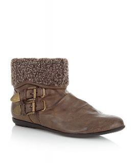 Brown Shearling Cuff Double Buckle Ankle Boots