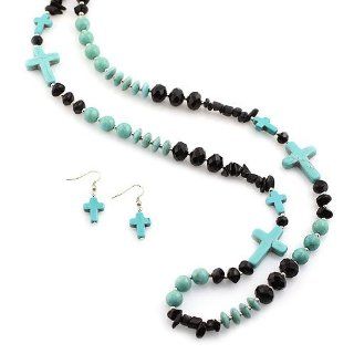 Long Cross Stone Bead Necklace Set; 37"L; Silver Tone Metal; Black and Turquoise Beads; Lobster Clasp Closure; Matching Earrings Included; Jewelry