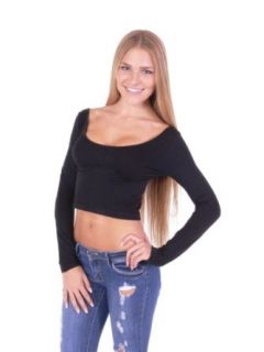 Long Sleeves Scoop Neck Crop Top Mini Dance One Size (One Size, Black) Fashion T Shirts