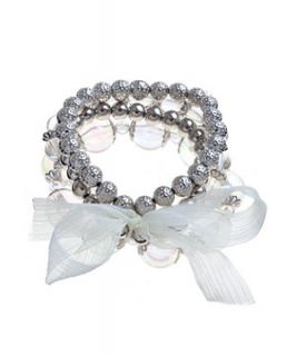Silver and White Ribbon Bead Bracelet Set