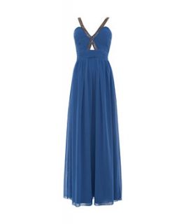 Blue Embellished Strap Grecian Prom Dress