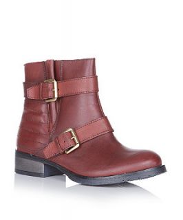 Dark Red Double Buckle Ankle Boots