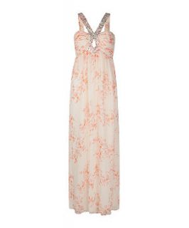 Coral Floral Strappy Sequin Maxi Prom Dress