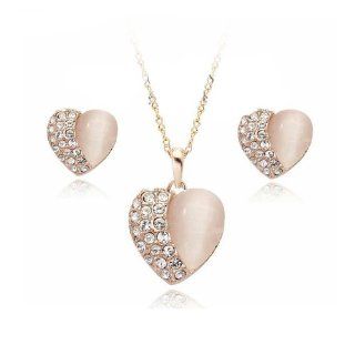 FASHION PLAZA 18K Gold, um die elegante transparentem Kristall und analoge opal Herzen Ohrringe und Halskette Komplettset S57 Schmuck