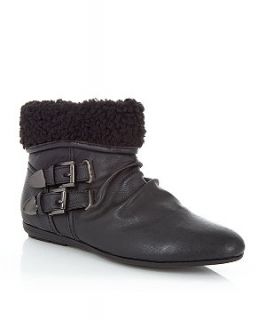 Black Faux Shearling Buckle Ankle Boots