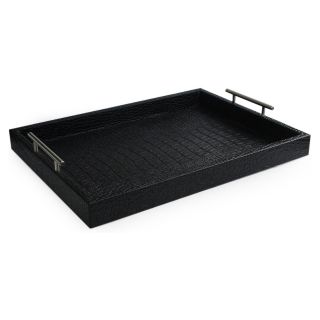 Accents by Jay Alligator Leather Tray with Handles   Black   Serving Trays