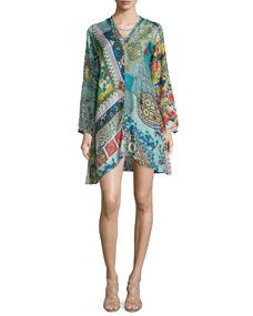 Johnny Was Collection Dreamy Long Sleeve Printed Tunic & Hip Layered Necklace, Womens