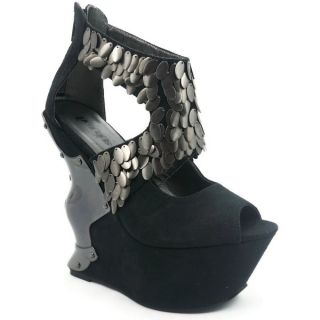 Hades Womens Cosmo Black Suede Metal Scale Wedge Sandals