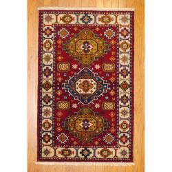 Indo Hand Knotted Kazak Red/Ivory Traditional Wool Rug (3 x 5