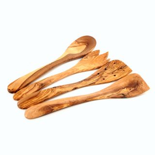 Handmade Olive Wood Kitchen Utensil Set of 4 (Spoon, Spork, Pierced