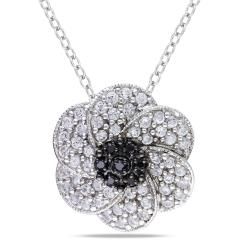 Miadora Sterling Silver White Sapphire and Black Diamond Flower