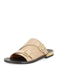 Chloe Buckled Leather Flat Side Sandal, Rope Beige