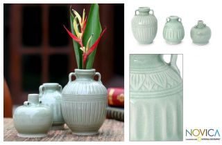 Set of 3 Sawankhalok Meadows Celadon Ceramic Vases (Thailand)