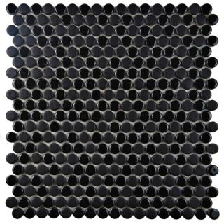 SomerTile 12x12 inch Asteroid Penny Round Black Porcelain Mosaic Floor