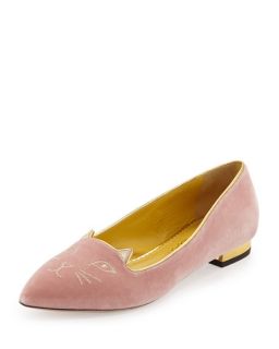 Charlotte Olympia Mid Century Velvet Kitty Flat, Pale Pink