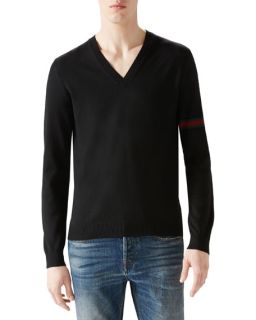 Gucci Black V Neck Sweater w/ Green/Red/Green Arm Band