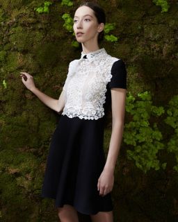 Valentino Short Sleeve Lace Front Dress, Black/Ivory