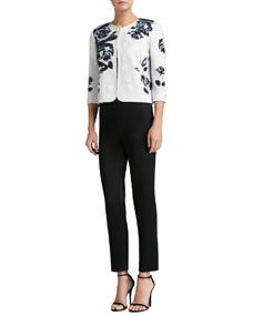 St. John Collection Rose Print Knit Jacket with 3/4 Sleeves, Rose Print Knit Shell & Liquid Satin Cropped Pants