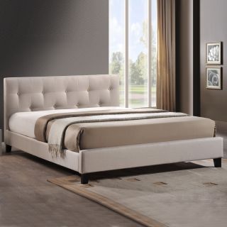 Annette Light Beige Linen Modern Bed with Covered Buttons  
