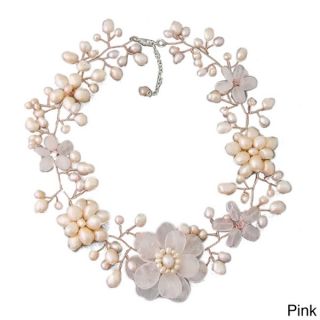 Copper Pink Quartz/ Pearl Floral Wreath Necklace (6 15 mm) (Thailand