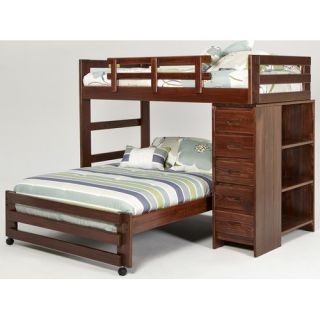Twin over Full L Shaped Bunk Bed with 5 Drawer Chest and Bookshelf End