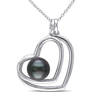 Miadora Sterling Silver Tahitian Pearl Heart Necklace (9.5 10 mm)