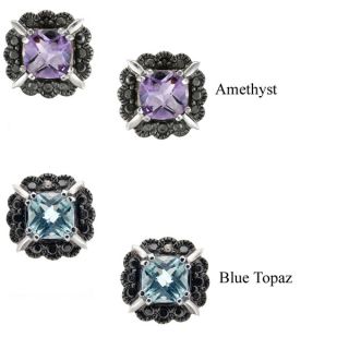 Glitzy Rocks Silver Gemstone and Black Diamond Accent Stud Earrings