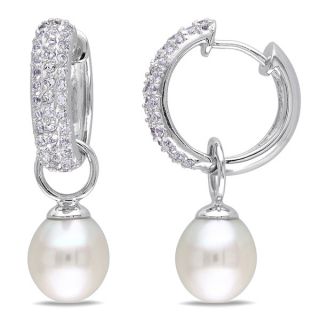 Miadora Sterling Silver Pearl and White Topaz Earrings (9.5 10 mm)