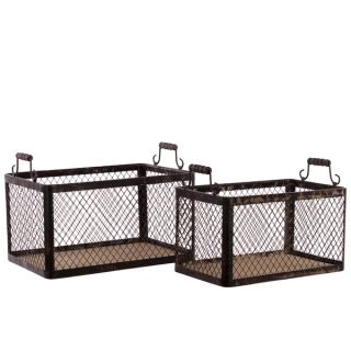 Distressed Black Wood Basket with Metal Handles and Screen Sides (Set