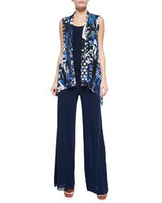 Fuzzi Abstract Printed Cardigan Style Vest & Palazzo Pants with Fold Over Waistband