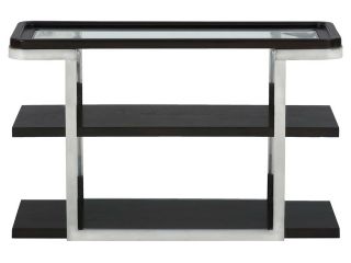 Jofran 329 4 Sofa Table w/ 2 Shelves   Pie Crust Top   Glass Inserts & Stainless Steel Frame