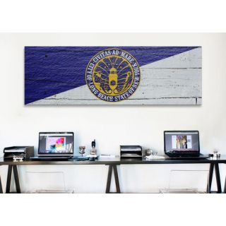 Flags Long Beach Wave with Wood Planks Panoramic Graphic Art on Canvas