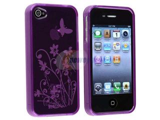 Insten TPU Purple Flower w/Butterfly Case+Stylus+Clear Protector For iPhone 4 G 4S