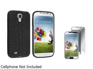 Insten Black Tyre Silicone Skin Case + 3 Mirror LCD Protector Compatible with Samsung Galaxy S4 i9500