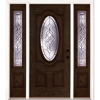 Feather River Doors 63.5 in. x 81.625 in. Lakewood Zinc 3/4 Oval Lite Stained Walnut Oak Fiberglass Prehung Front Door with Sidelites 722990 3A3