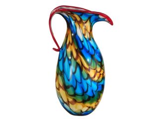 11.5" Royal Blue Red and Amber Presidio Decorative Hand Blown Glass Pitcher Vase