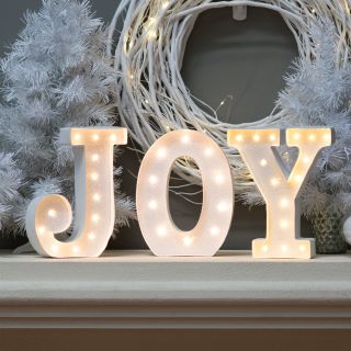 10 in. White Glitter Metal Letter Joy Sign with Battery Operated LED Lights   Christmas Home Decor