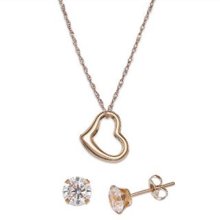 Cubic Zirconia 5mm Round Stud Earrings and Open Heart Pendant Necklace
