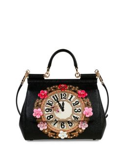 Dolce & Gabbana Miss Sicily Medium Leather Clock Satchel Bag, Black