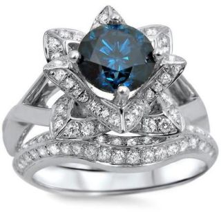 14k White Gold 1 3/4ctw Blue Round Diamond Lotus Flower Engagement Ring Bridal Ring Set (SI1 SI2) Size 5.5