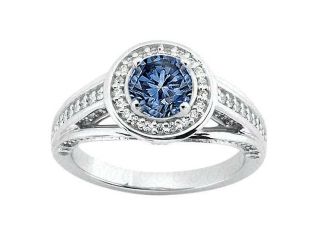 Solitaire with accents 1.85 carats blue halo round diamond ring gold white 14K