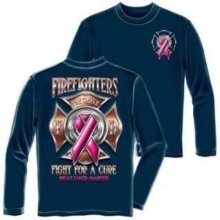 Firefighter "Fight For A Cure" Breast Cancer Long Sleeve T shirt, Blue, XL