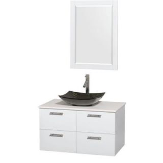Wyndham Collection Amare 36 in. Vanity in Glossy White with Solid Surface Vanity Top in White, Granite Sink and 24 in. Mirror WCR410036SGWWSGS4M24
