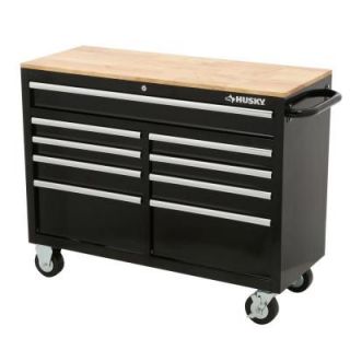 Husky 46 in. 9 Drawer Black Out Mobile Workbench with Solid Wood Top 7440946B