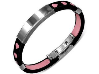 Stainless Steel Black Pink Rubber Silicone Silver Tone Love Heart Womens Bracelet